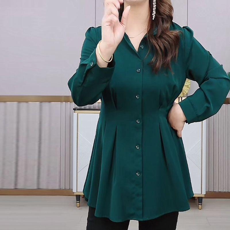 Elegant Vintage Spring Blouse for Women Slim Fit High Quality Shirt Plus Size Tummy Control
