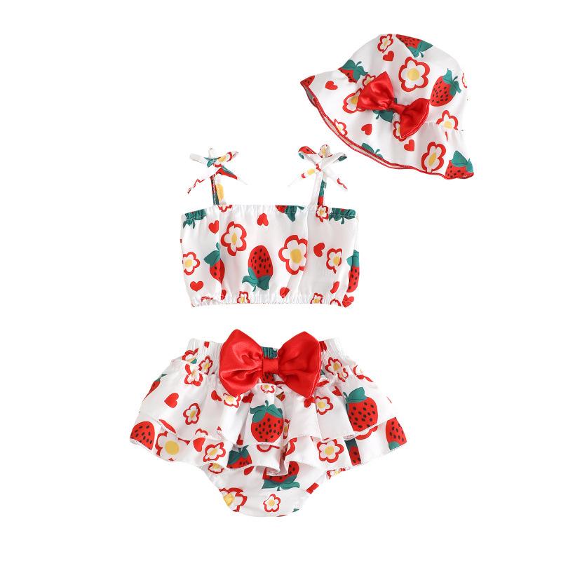 Strawberry Print Tank Top & Skirt Set with Hat for Infants and Toddlers - Cute European & American Style