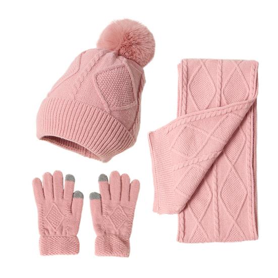 3Pcs/Set Women Winter Hat Scarf Gloves Set Plush Ball Decor Rhombus Texture Knitting Hat