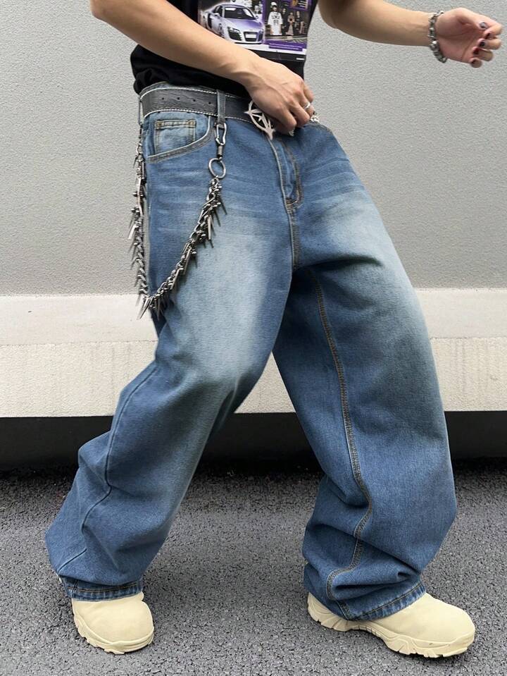 American Retro Male Ruffian Handsome Textured Cat Pattern High Street Wide-leg Pants New Loose Pendant Jeans