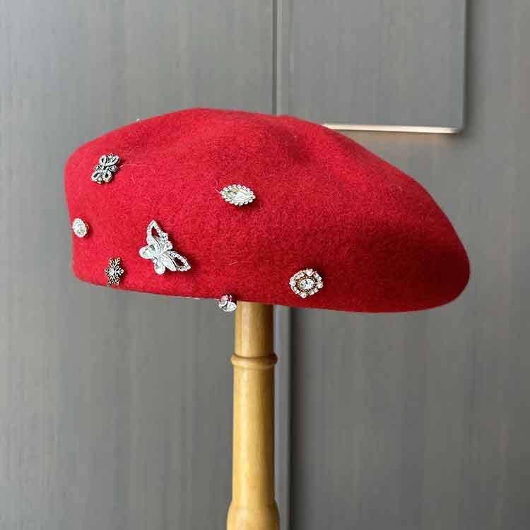Tide British retro wool woolen rhinestone beret lady three-dimensional painter hat autumn and winter face small pumpkin bud hat