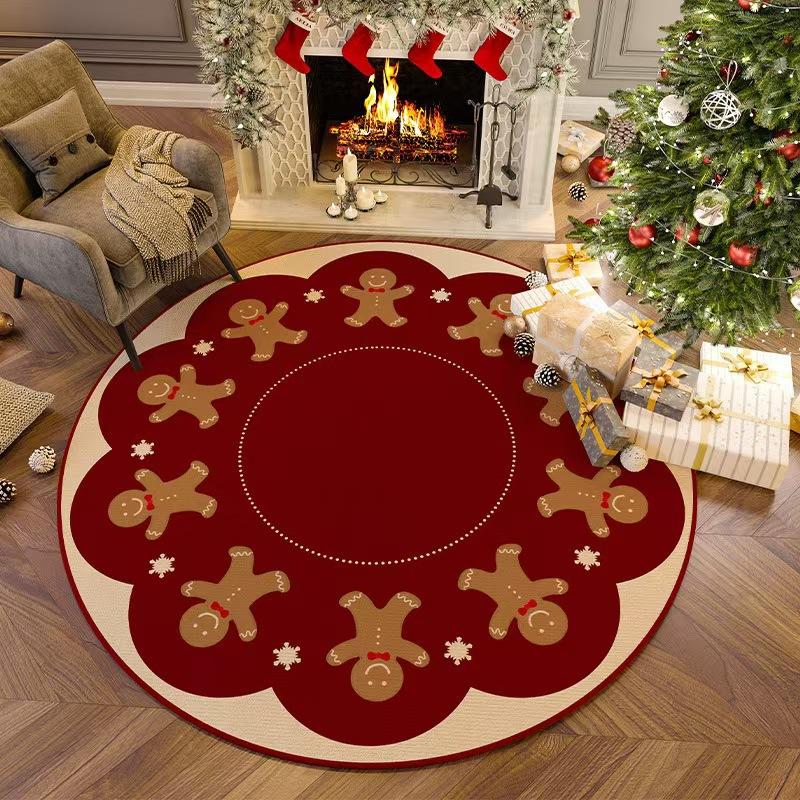 Round Christmas Area Rug Xmas Bow Wreath Merry Christmas Print Non‑Slip Floor Mat Living Room Holiday Home Decor