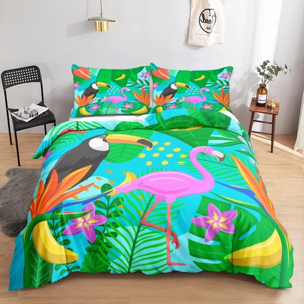 Animal Flamingo King Queen Duvet Cover Cartoon Pink Tropical Bird Bedding Set for Kids Teens Aduls Blue Soft 2/3pcs Quilt Cover