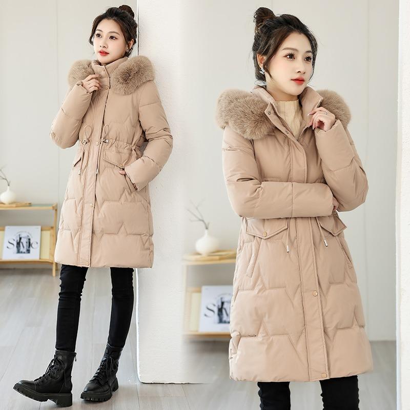 Medium and long slim-fitting large fur-neck cotton-padded clothes, new thin warm cotton-padded clothes, slim-fitting coats.