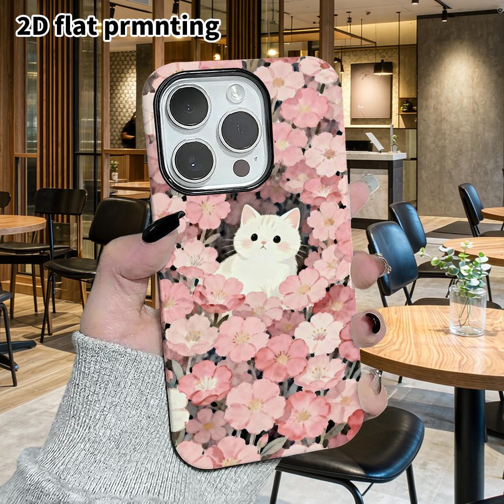 Phone Case: 2D Flat Design Suitable for iPhone 18 17 16 15 14 13 Pro Film Protective Case, Couple Style, Little White Cat In the Flowers, Christmas an