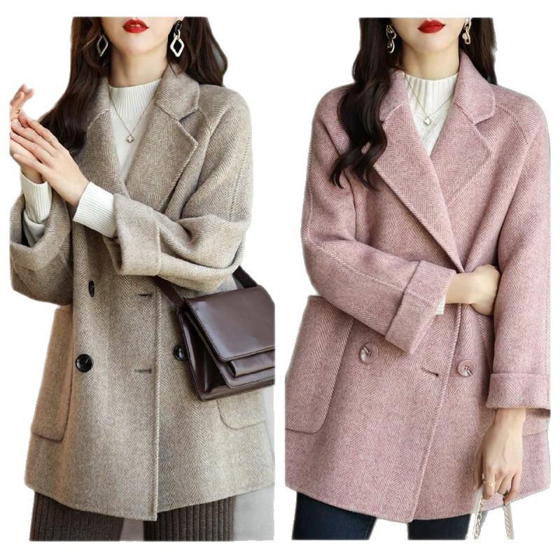 Douyin Autumn/Winter Chic Herringbone Petite Wool Mid-Length Coat for Women