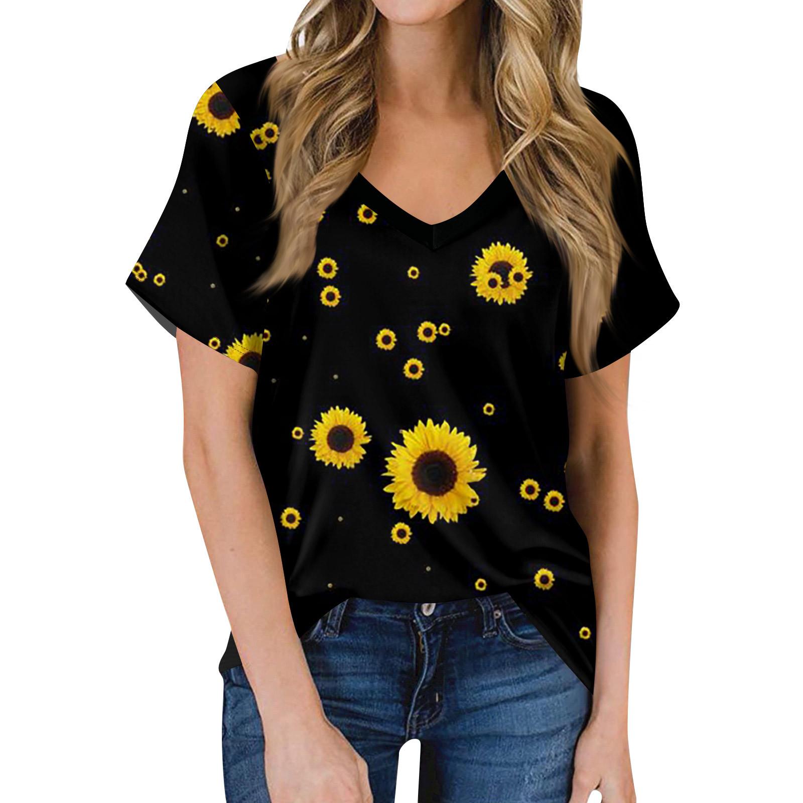 

Женская футболка с коротким рукавом и цветочным принтом подсолнечника, топ L чёрный