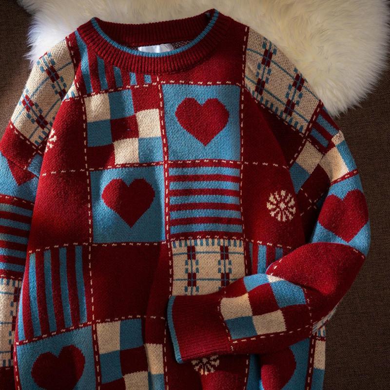 2026 Autumn And Winter New Trendy American Retro Plaid Love Ins Sweater Red Thickened Lazy Couple Sweater Loose Jacket For Men