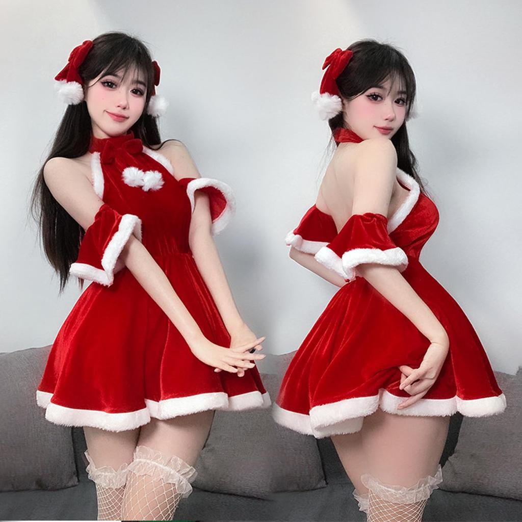 Qecyd Sexy Santa Costume with Ribbon Hair Perfect for Stage New Cultural and One Size Fits Women's Accessory, Christmas, Parties, Performances, Year's