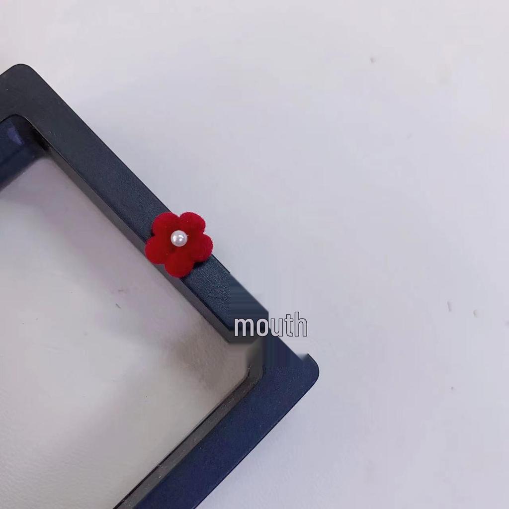 S925 Silberstift Herbst/Winter Weinrote Beflockte Perlen Ohrstecker mit Zinnoberroten Blumen - Französischer Retro Weihnachts-Stil.