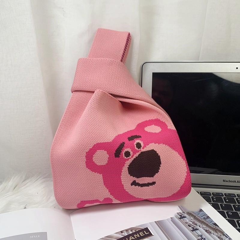 Women's Knot Wrist Bag Handmade Knitted Bag Portable Mini Striped Tote Bucket Phone Bags Large Capacity Autumn Winter Handbags