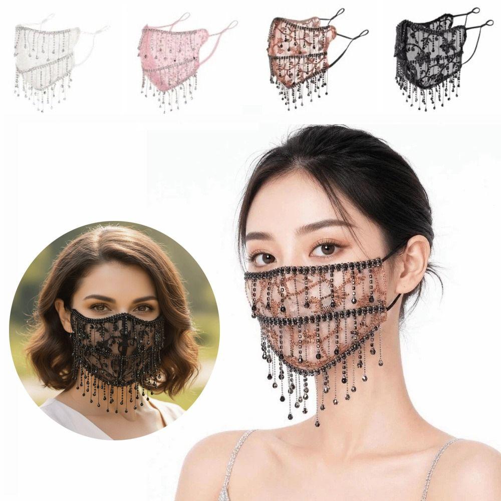 Strass Damen Schleier Maske Atmungsaktives Netz Quastenmaske Elegante Cosplay Maske Kostümzubehör