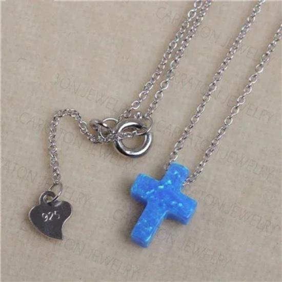 KALETINE Women Cross Opal Necklace Genuine 925 Sterling Silver Lab Opal Blue Cross Charm Opal Necklace KLTN019 Blue Cable Chain