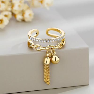 Creative Design Charm Tassel Chain Ball Pendant Rings for Women Bohemia Trend Double Layer Zircon Finger Jewelry Accessories