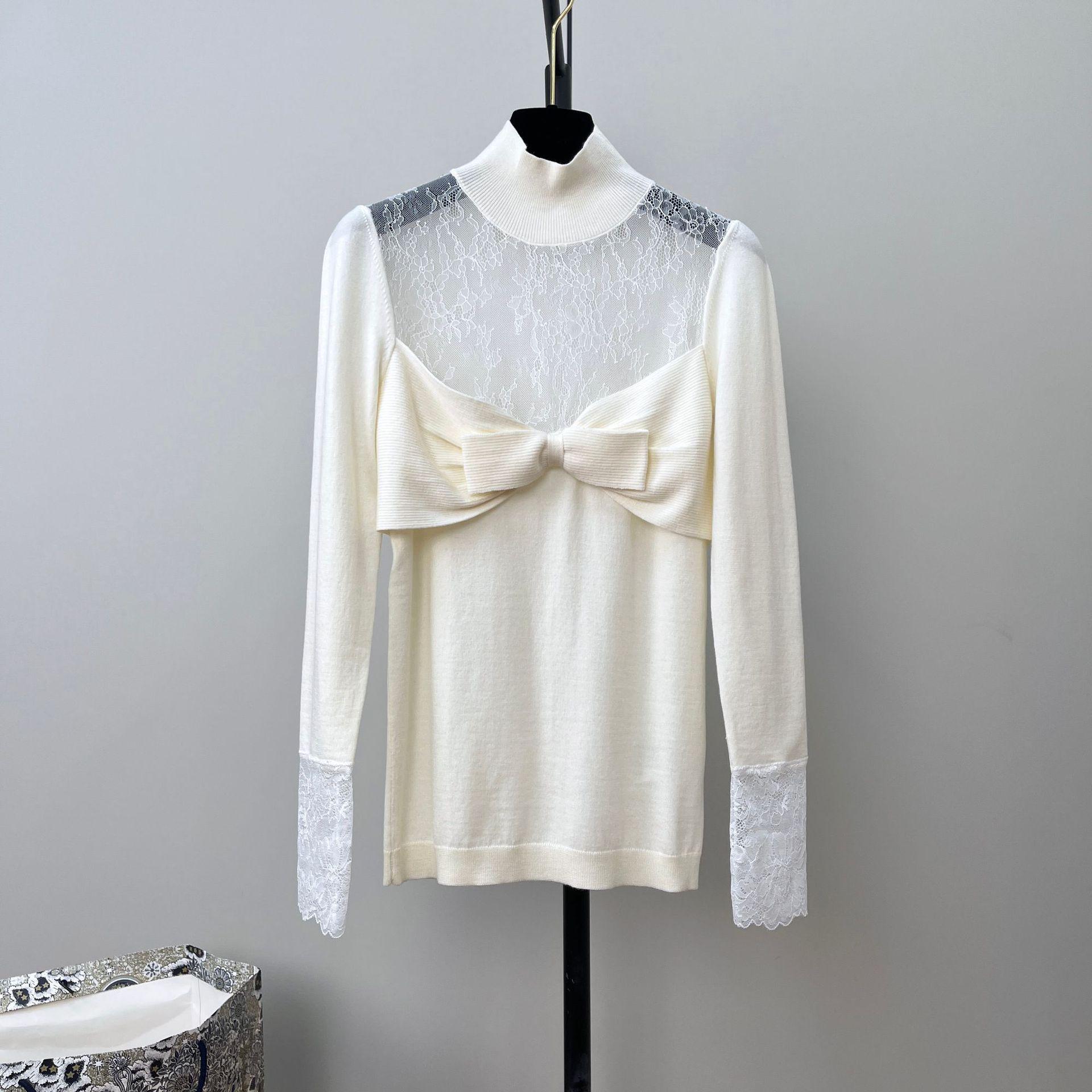 

Women s Sexy Lace See-Through Turtleneck Sweater with Bow Knot M абрикосовий