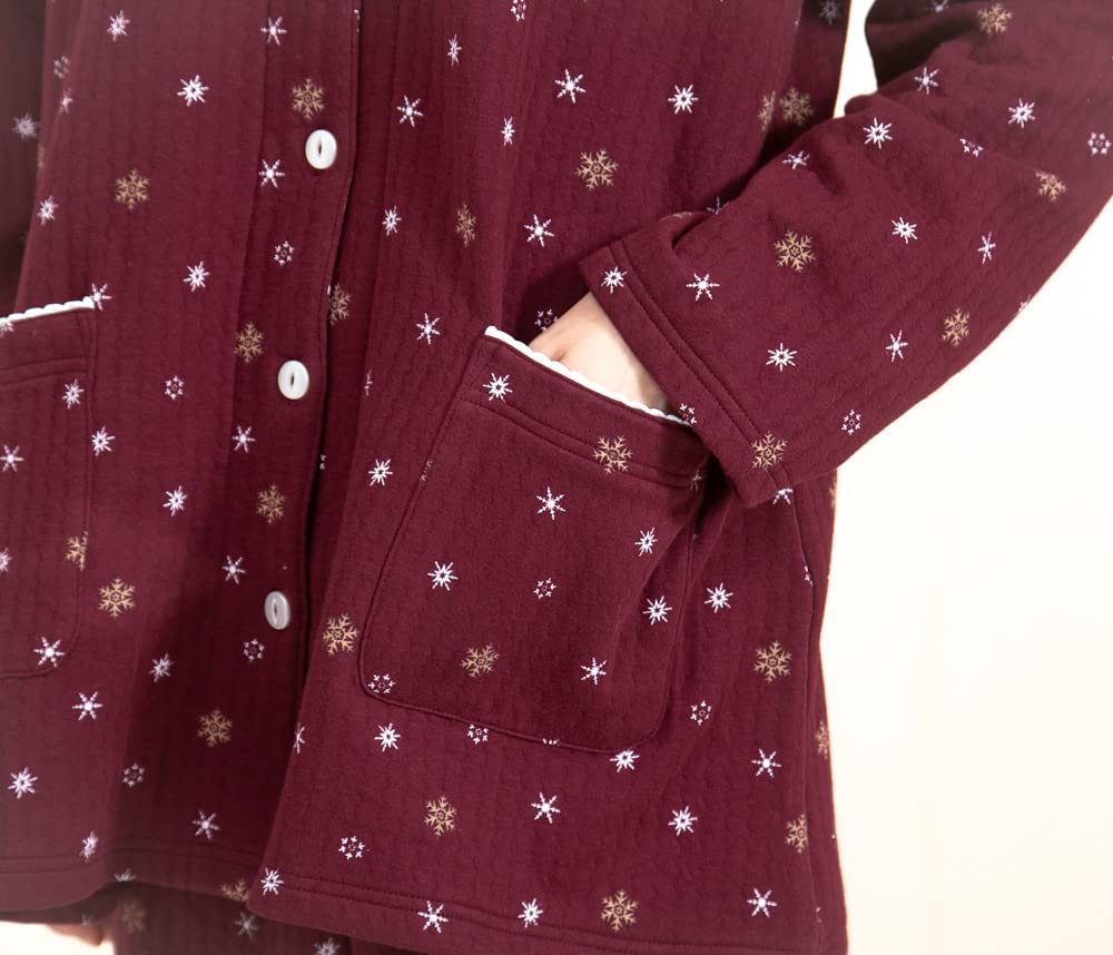 Cotton Knitted Crystal Long Room Winter Product 40010 [K's Eye] Skin-friendly 100% Padding, Quilt, Pattern, Open-front Pajamas, Women's, Sleeves,