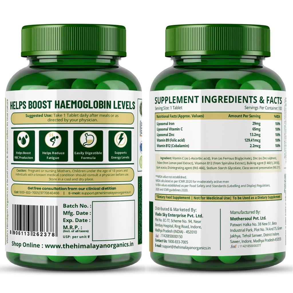 Vlado's Himalayan Organics Chelated Iron Tablets With Vitamin Support For Energy And Daily Wellness 100 Veg Tablets