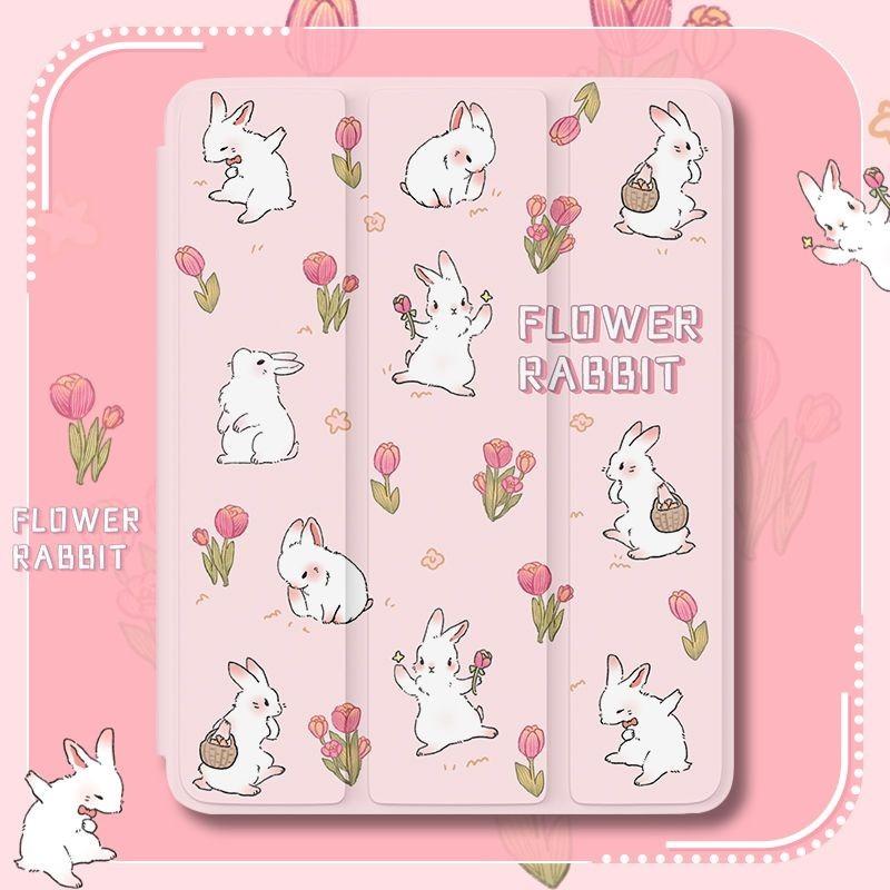For iPad 2022 Gen10 10.9 Air4 Air5 10.9 Pro11 Pro12.9 Mini6/5/4 with Pencil Holder New High Quality Cute Floral Bunny Pattern iPad Tri-fold Flip Case