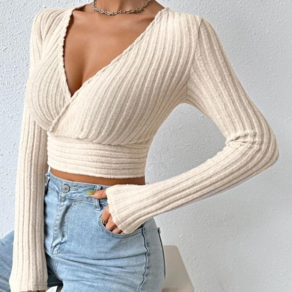 IHUASU Women's Fall Short Spice Deep V-Neck Slim Sexy Long Sleeve T-Shirt