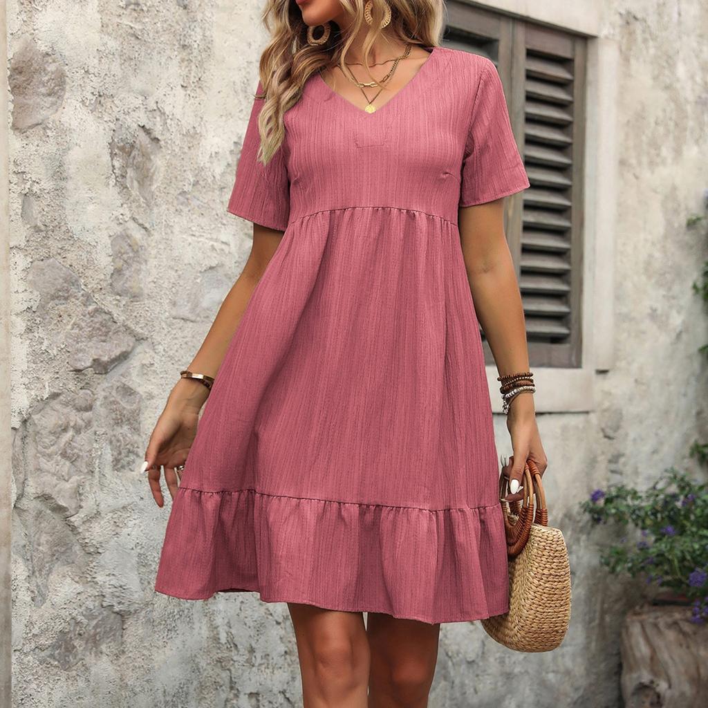 Women's Solid Color Summer Skirt Loose Casual Short Sleeve High Waist Dress