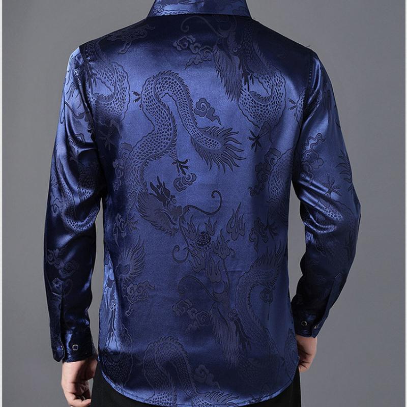 Cozy Up Wine Red Smooth Silk Satin Shirt Men Jacquard Slim Fit Long Sleeve Button Down Dress Shirts