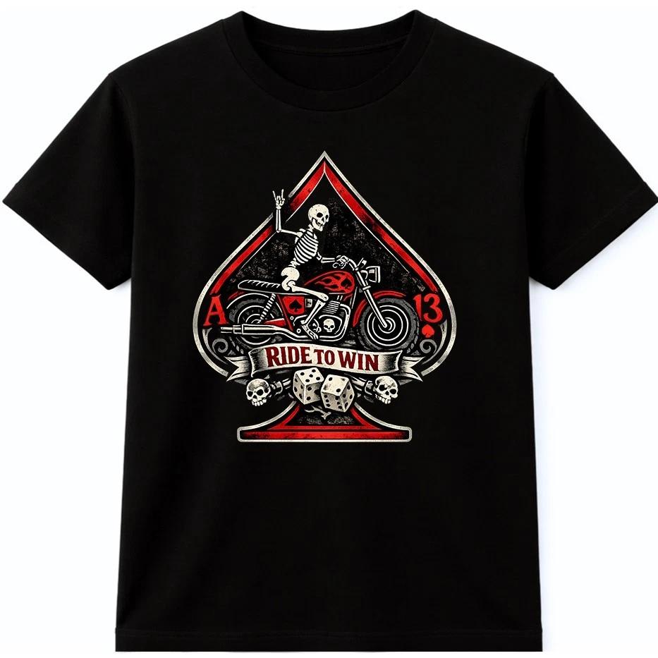 Biker Skeleton T Shirt Ride to Win Skull Motorcycle Poker Ace Rider Tee L