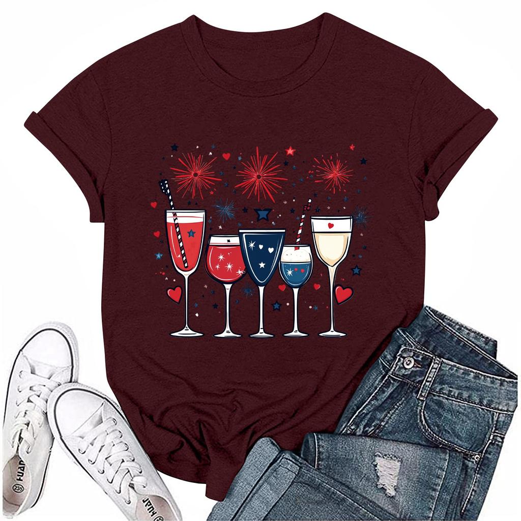 Women's Round Neck Casual Independence Day Printed Short Sleeve T-Shirt Top