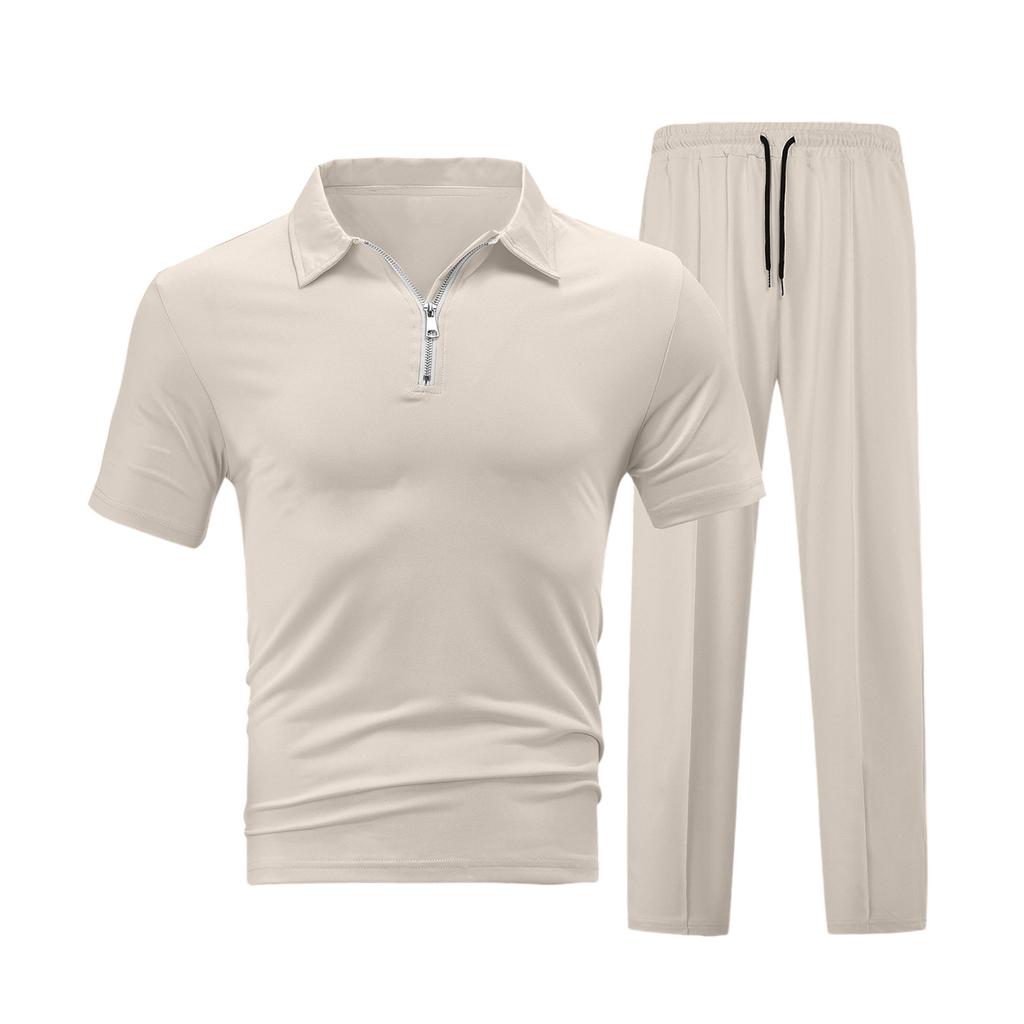 Herren-Oberteil mit Kragen und Reißverschluss, kurzärmlig, lässiges Sport-Hosen-Set