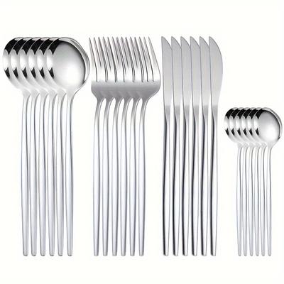 Silvery 24pcs Stainless Steel Cutlery Set Western Flatware Set For Dinner, Mirror Polished Tableware Set For Home, Restaurant, Hotel, Party, Wedding