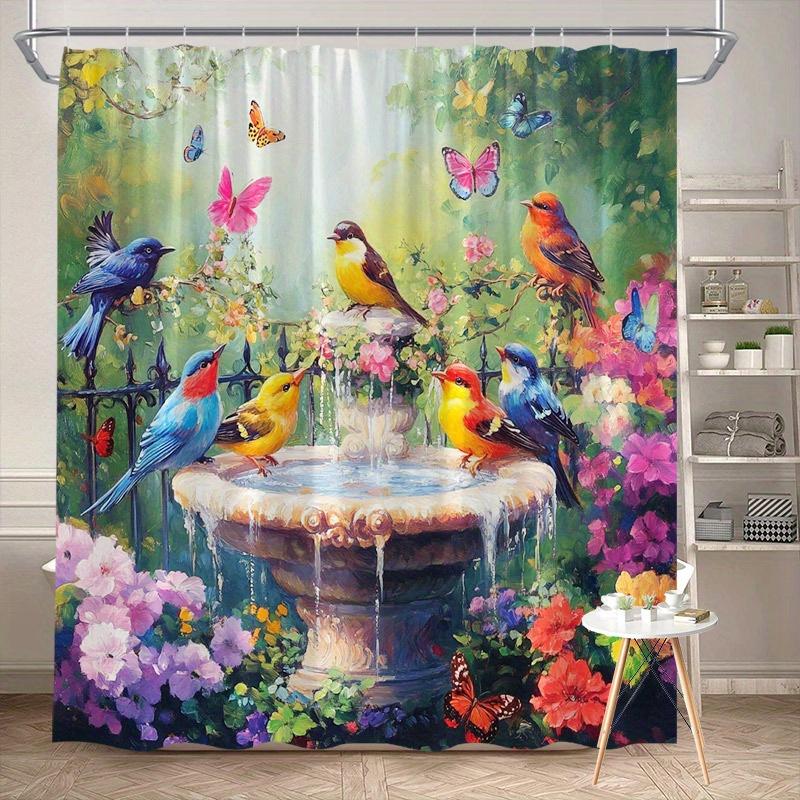 

Garden Shower Curtain 180x180cm – Rustic Fountain with Birds & Butterflies, Floral Bathroom Decor, 12 Hooks 90X180cm(35x70in)