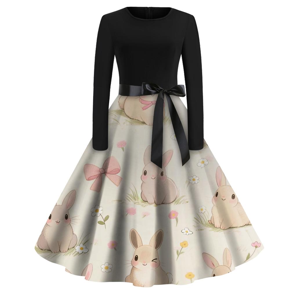 Women's Fashion Round Neck Casual Slim-fit Easter Printed Large Swing Long Sleeve Dress
