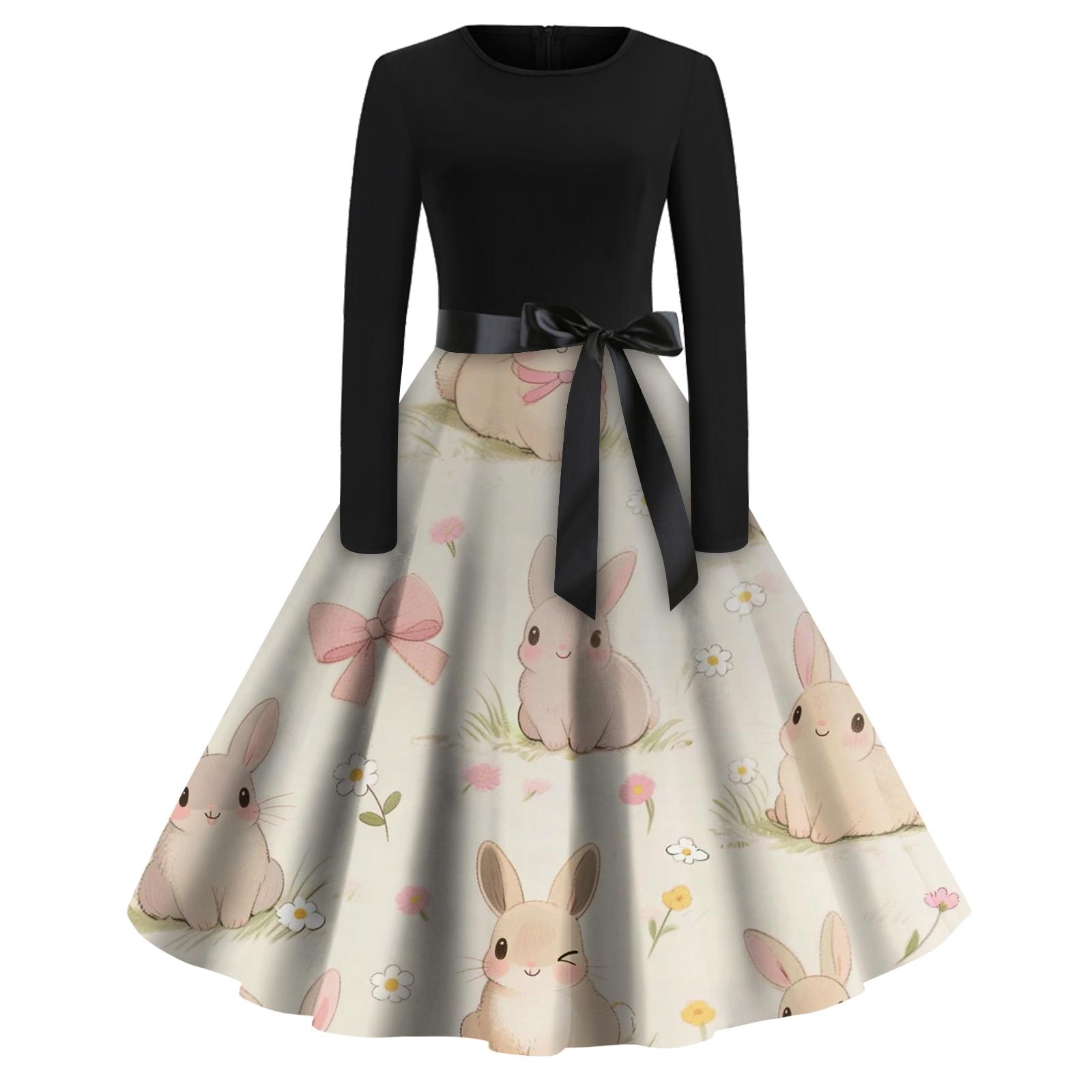 Women s Fashion Round Neck Casual Slim-fit Easter Printed Large Swing Long Sleeve Dress L