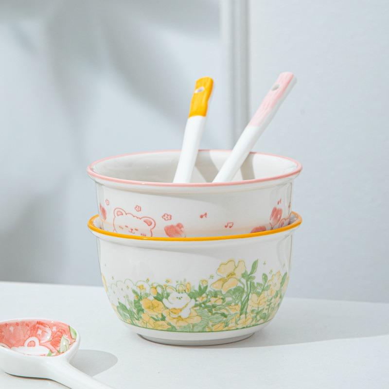 Cartoon Hase Bär Keramikschalen und Löffel Set Für Kinder Kreatives Blumenmuster Schale Keramikgeschirr Kinderschale Löffel