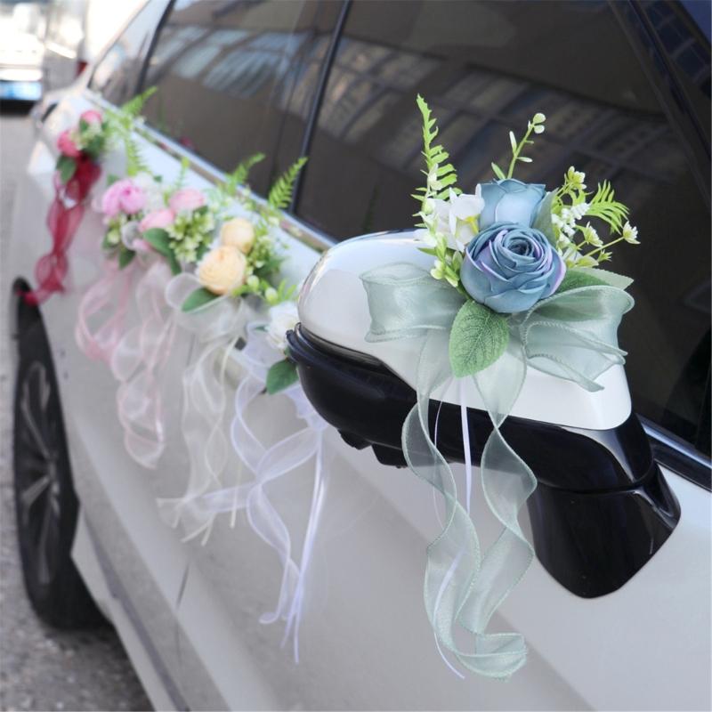 Elegant Blue Bridal Car Mirror Plant Ornament Synthetic Cloth Arrangement For Outdoor Wedding Event