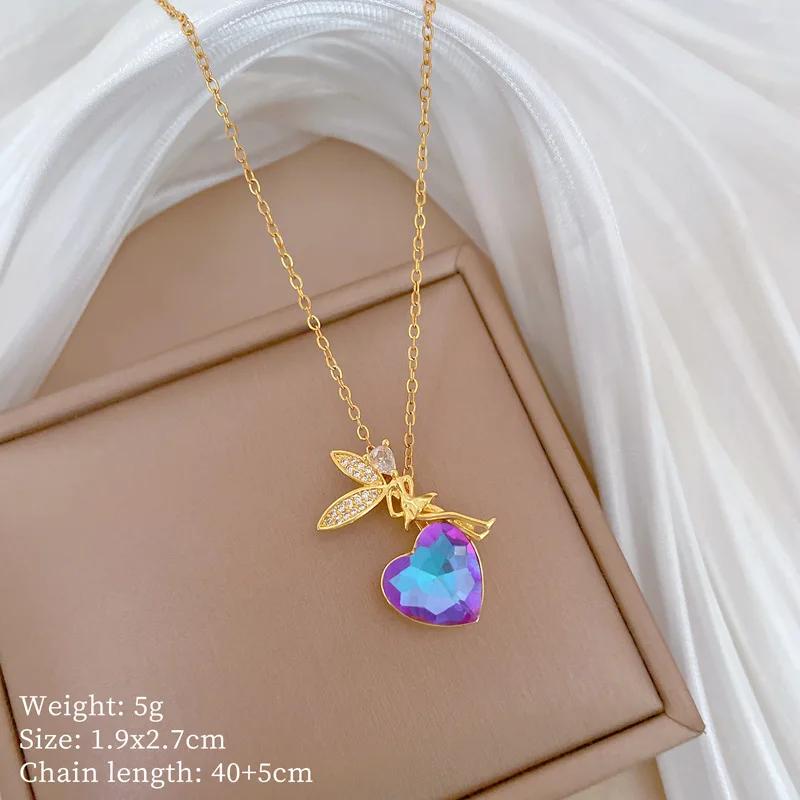Fashion Butterfly Fairy with Colorful Heart Crystal Zircon Necklace for Women Girls Sweet Creative Jewelry Stainless Steel Chain