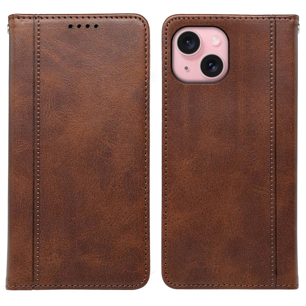 

For iPhone 15 Case Hidden Magnetic Closure Calf Texture Leather Phone Cover Brown