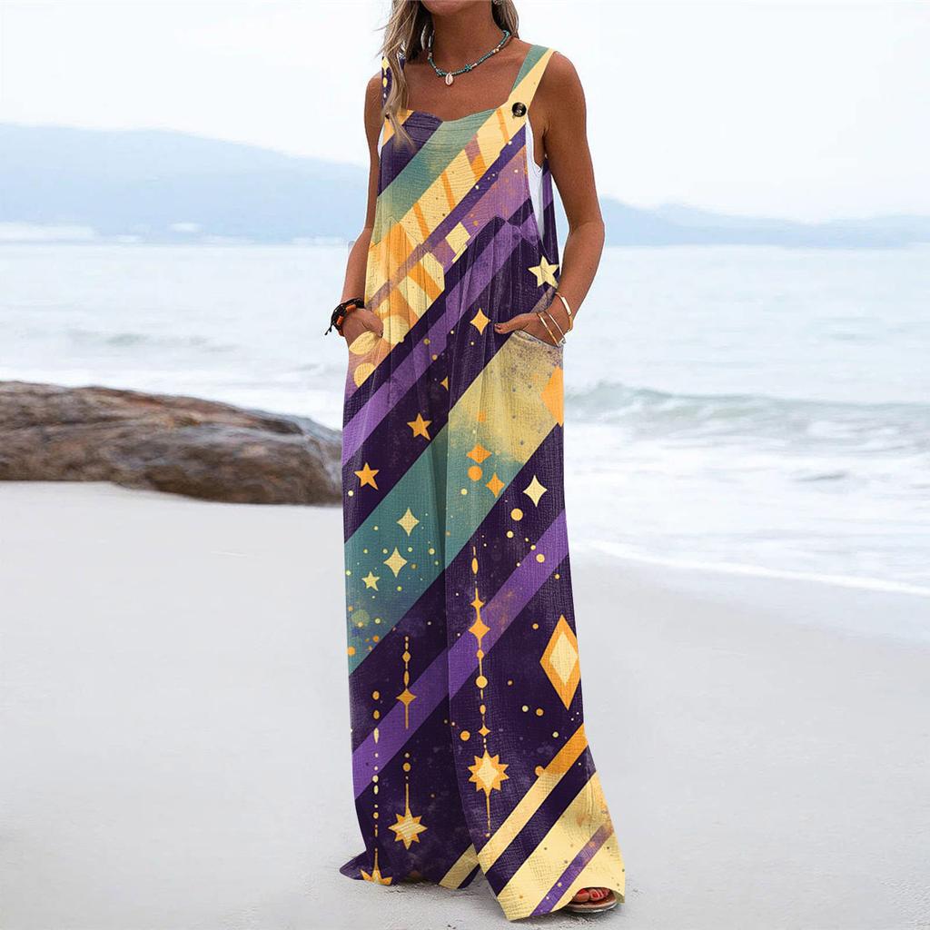 Wide Leg Overalls For Women Casual Loose Sleeveless Print Button Long Pant Romper Jumpsuit With Pockets