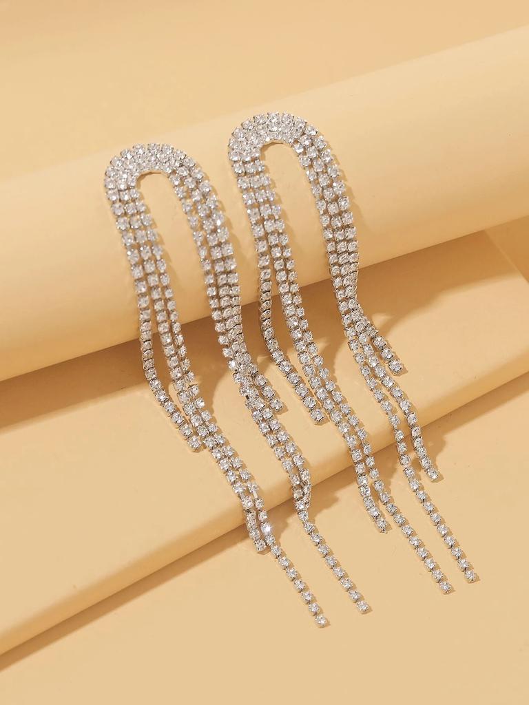 2 Pieces of Women's Fashionable Full Zircon Long Small Fresh Tassel Earrings, Earrings, Banquet and Party Accessories