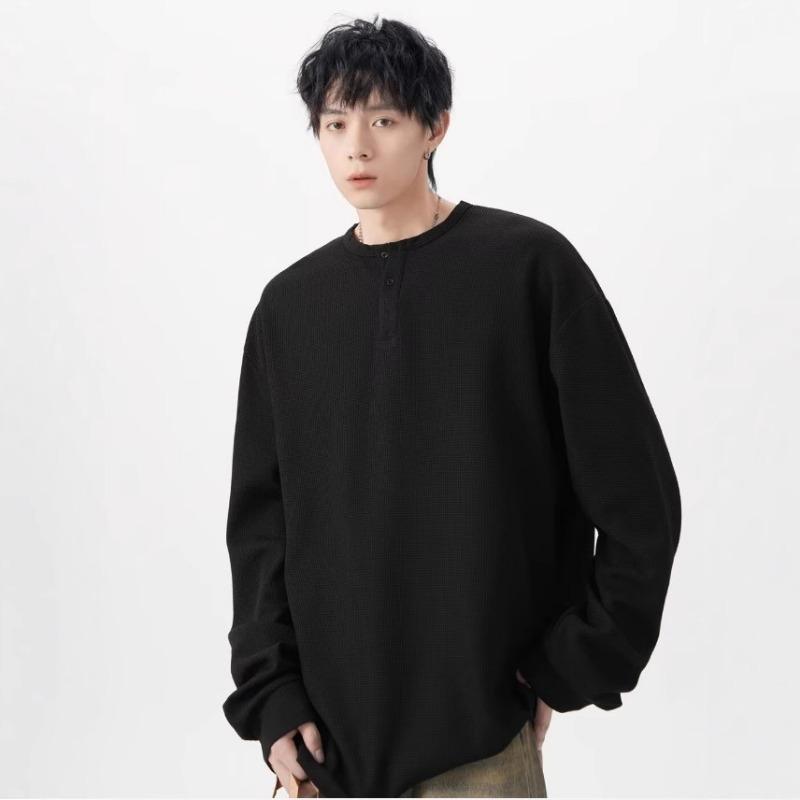 Spring Autumn Solid Color Round Neck Buttons T-shirt Male Long Sleeve Casual Fashion Tee Bottomed Top Men