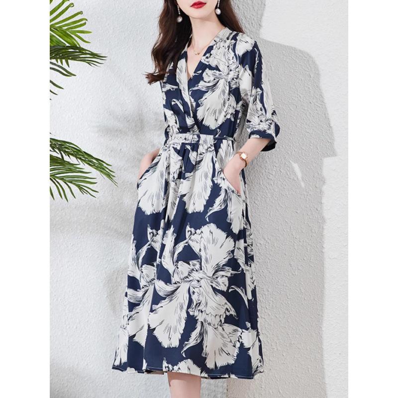 

2025 Summer Southeast Asia V-neck A-line Plus Size Cotton Blend Dress XXL (150-165 jin recommended) синій