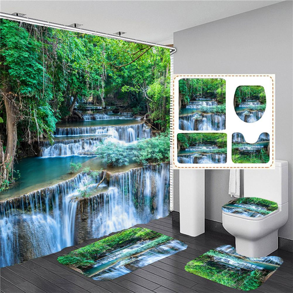 3D Natural Forest Landscape Printed Waterproof Fabric Bathroom Curtain Shower Curtains Set Anti-Skid Rugs Toilet Cover Bath Mat