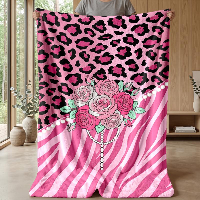 Pink Animal Print Bow Theme Blanket Lightweight Warm Flannel Blanket Decorative Throw Blanket for Home Decoration