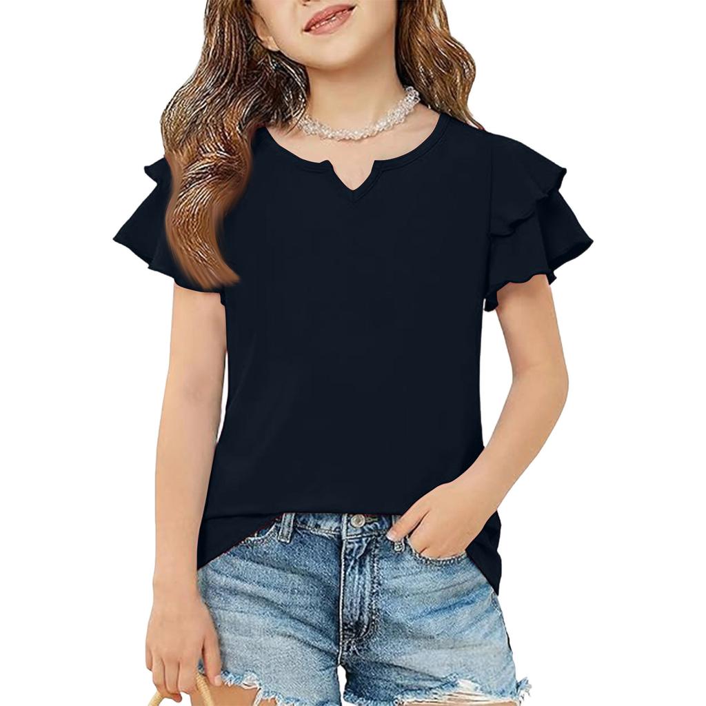 Girls' V-Neck Ruffle Tee - Short Sleeve Summer Blouse