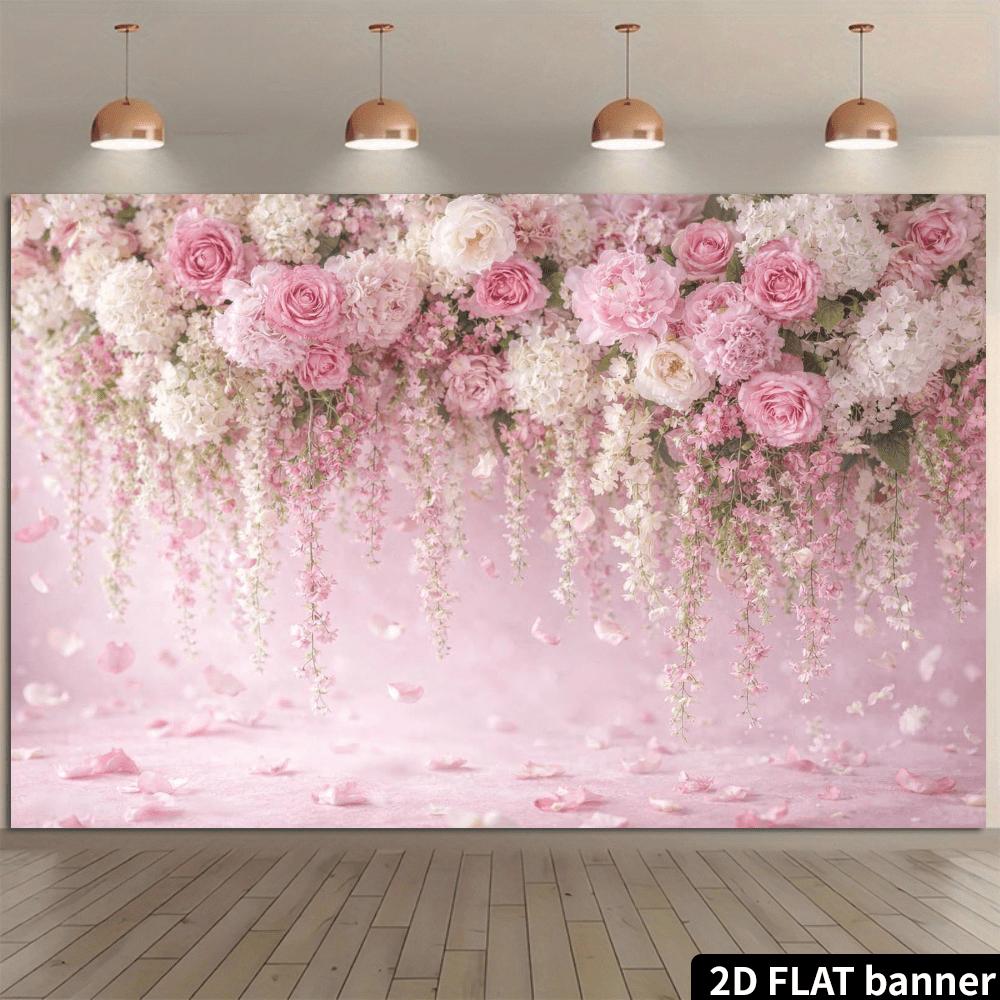 2D planar banner with pink hanging flowers as the background for the wall photography