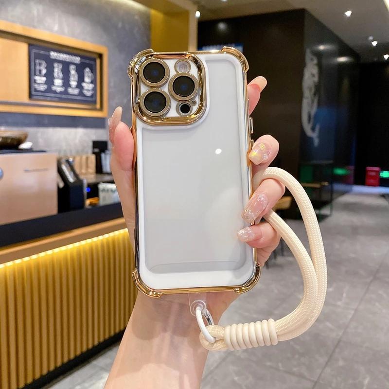 Luxury Electroplate With Lanyard Transparent Phone Case For For Iphone 15 14 13 12 11 16 Pro Max Plus Bumper Shockproof Clear Cover