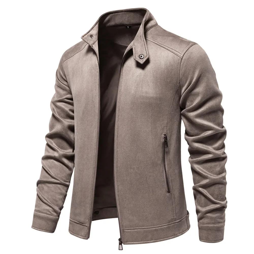 

Autumn Winter Men s Stand Collar Zip Suede Jacket Fashion Business Casual Faux Leather Coat for Men XL хаки