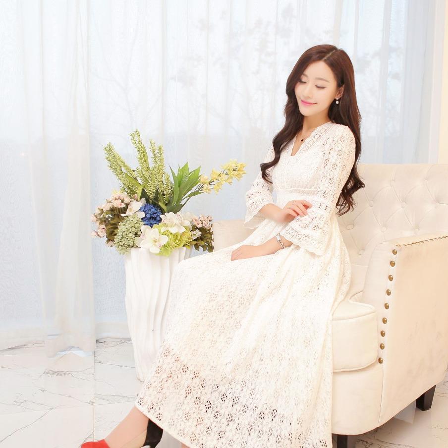New Summer Lace V-Neck Slimming Waist Dress for Women - Korean Style Vacation Beachwear