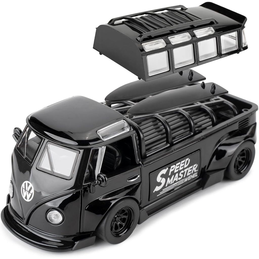 1/32 Scale Bus Transporter Model Car with Surfboards Convertible Camping Van, Zinc Alloy Pull Back Toy Car with Sound and Light for Kids Gift