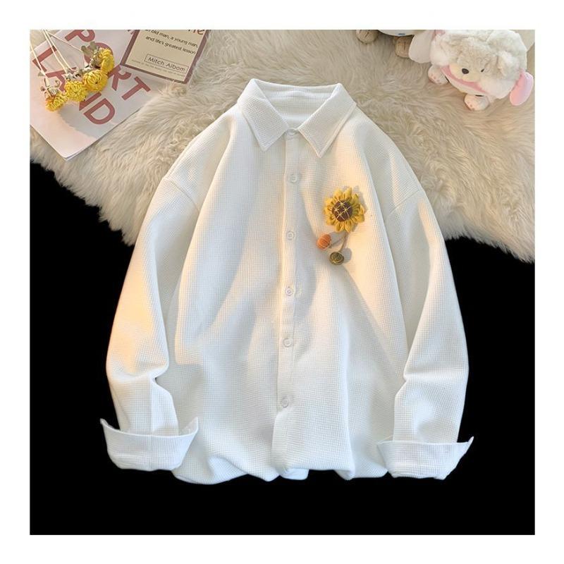 Sunflower Decorated Women's Shirt Solid Color Single Breasted Lapel Blouse Spring Autumn Woman Casual Korean Loose Top
