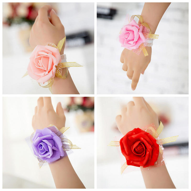 Bridesmaid Wrist Corsage Wedding Party Rose Bracelet Silk Flowers Ribbon